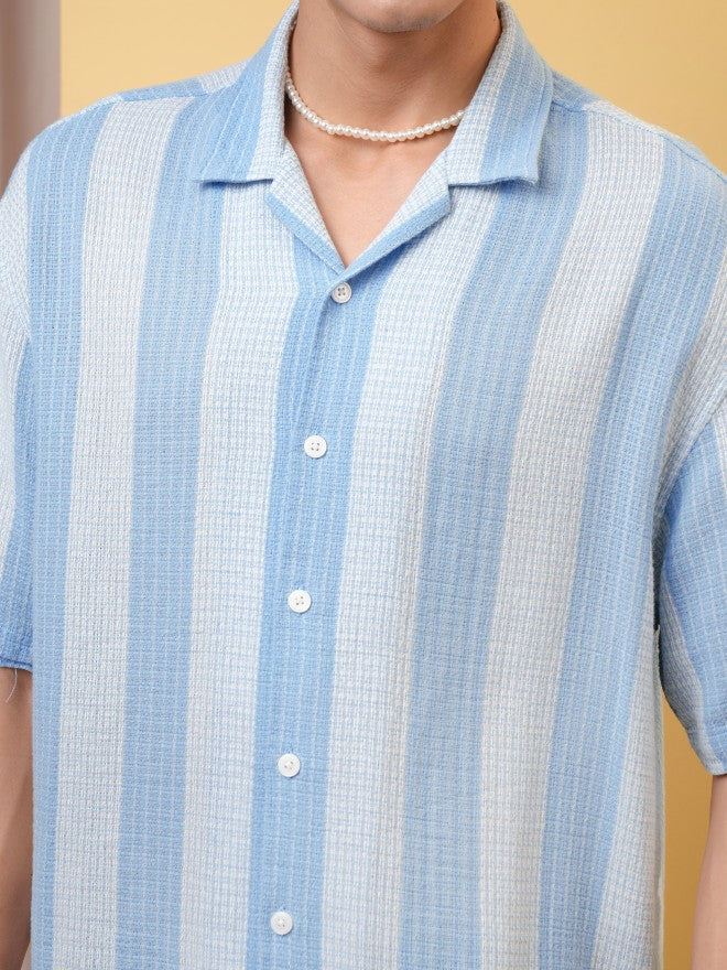 Locomotive Premium Men Dobby Textured Striped Cuban Collar Oversized Shirt - Blue - Image 5