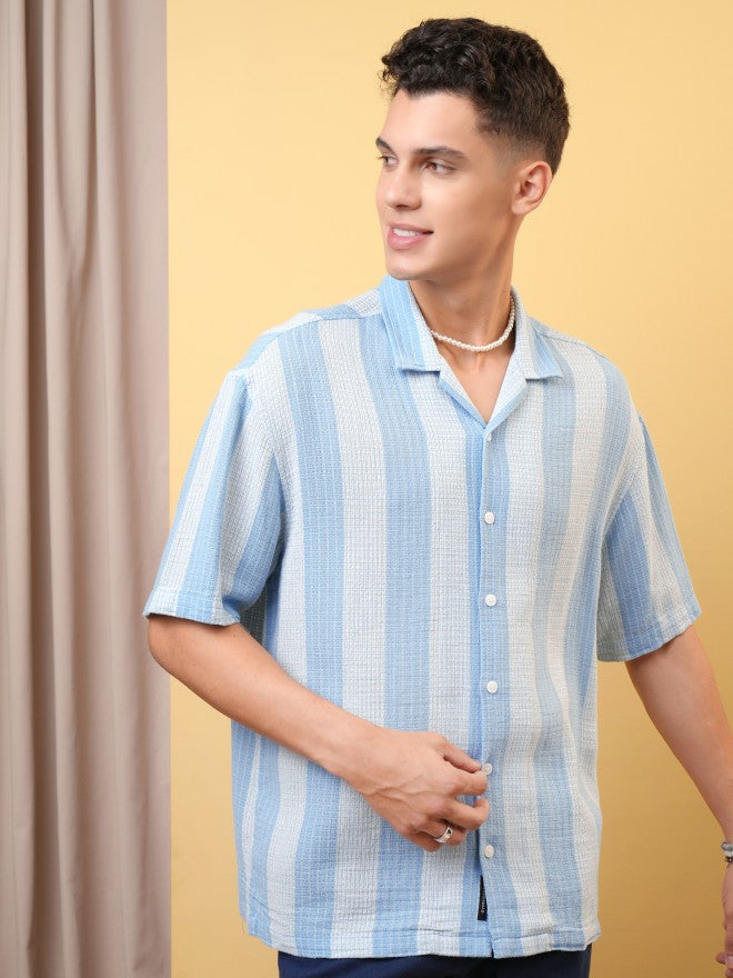 Locomotive Premium Men Dobby Textured Striped Cuban Collar Oversized Shirt - Blue - Image 6