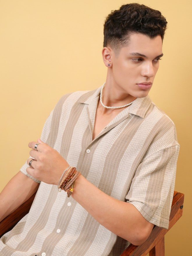 Locomotive Premium Men Dobby Textured Striped Cuban Collar Oversized Shirt - Khaki - Image 1