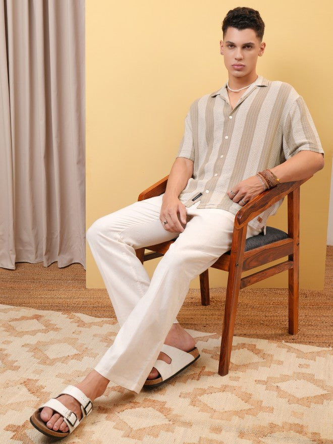 Locomotive Premium Men Dobby Textured Striped Cuban Collar Oversized Shirt - Khaki - Image 2