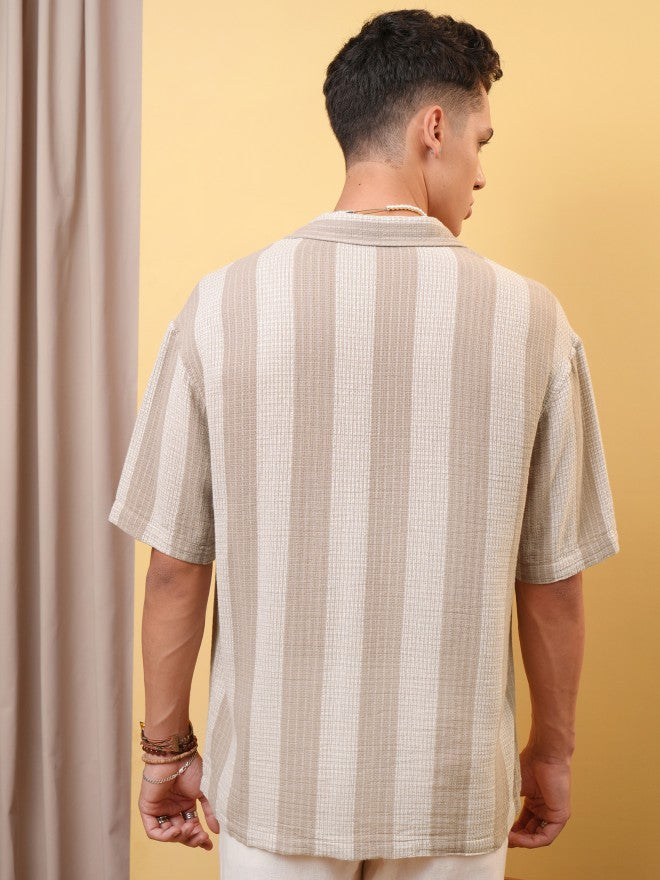 Locomotive Premium Men Dobby Textured Striped Cuban Collar Oversized Shirt - Khaki - Image 3