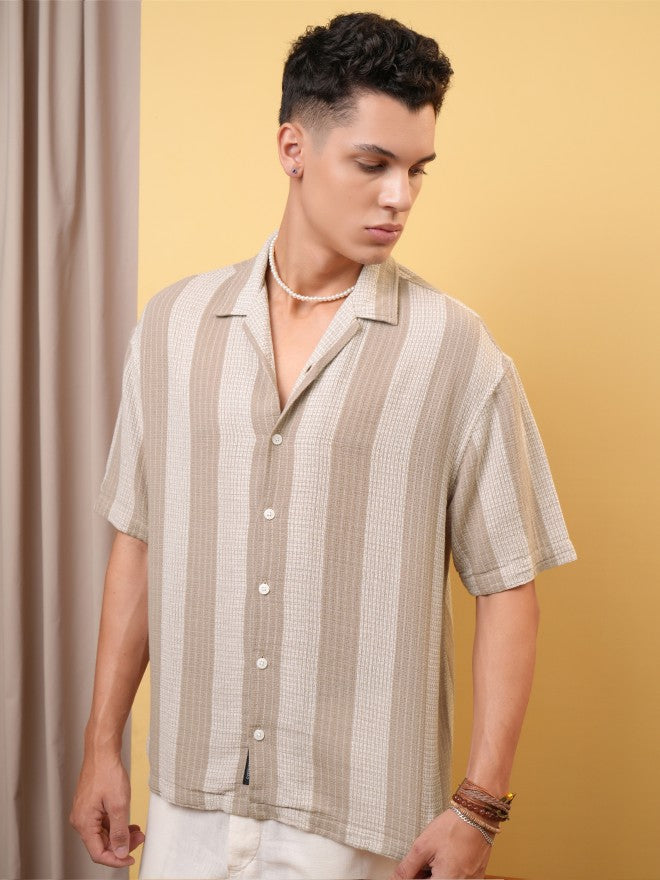 Locomotive Premium Men Dobby Textured Striped Cuban Collar Oversized Shirt - Khaki - Image 4