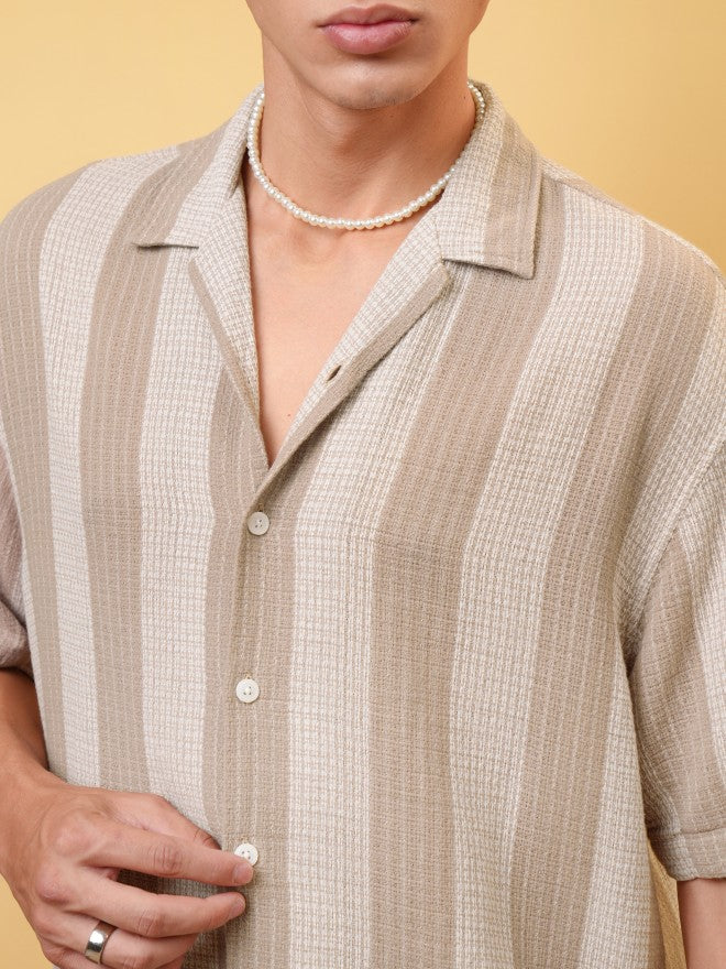 Locomotive Premium Men Dobby Textured Striped Cuban Collar Oversized Shirt - Khaki - Image 5