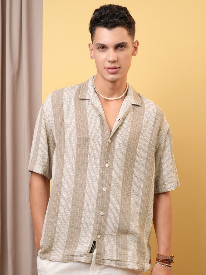 Locomotive Premium Men Dobby Textured Striped Cuban Collar Oversized Shirt - Khaki - Image 7