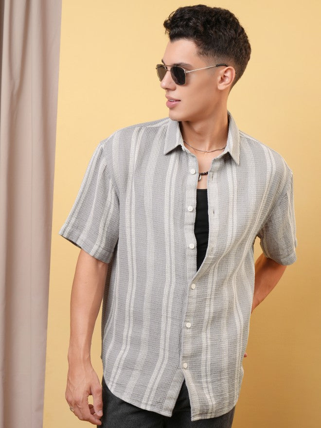 Locomotive Premium Men Dobby Textured Striped Oversized Shirt - Grey - Image 1