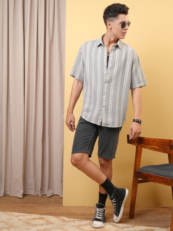 Locomotive Premium Men Dobby Textured Striped Oversized Shirt - Grey - Image 2
