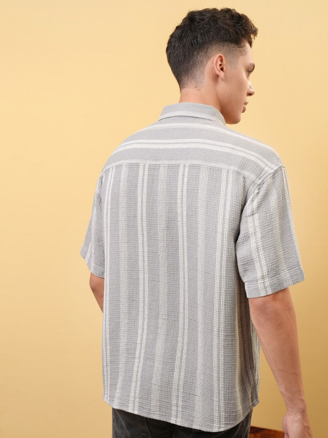 Locomotive Premium Men Dobby Textured Striped Oversized Shirt - Grey - Image 3