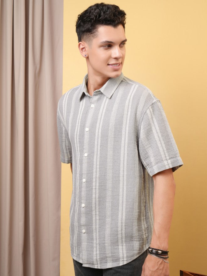 Locomotive Premium Men Dobby Textured Striped Oversized Shirt - Grey - Image 4