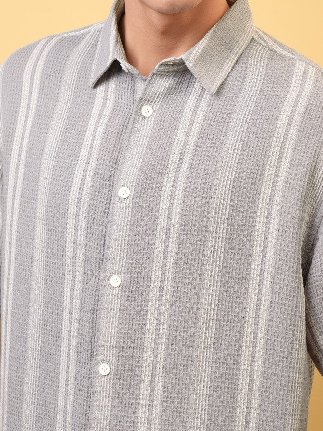Locomotive Premium Men Dobby Textured Striped Oversized Shirt - Grey - Image 5