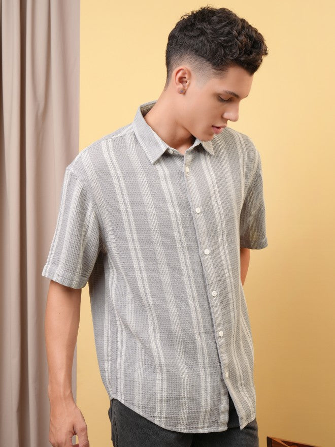 Locomotive Premium Men Dobby Textured Striped Oversized Shirt - Grey - Image 6