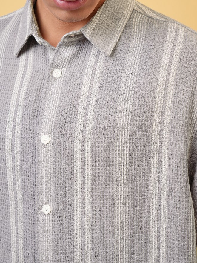Locomotive Premium Men Dobby Textured Striped Oversized Shirt - Grey - Image 7