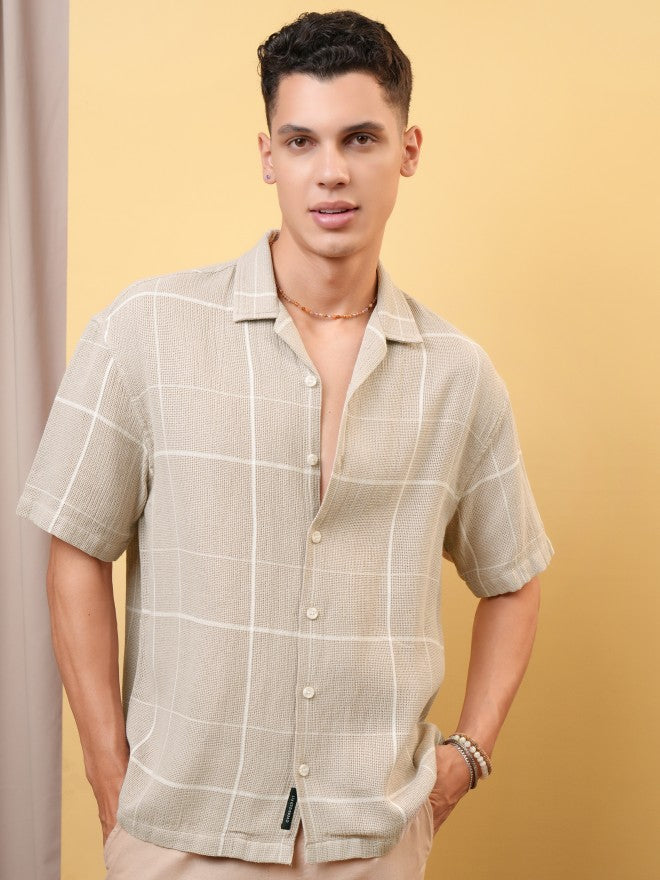 Locomotive Premium Men Dobby Textured Checked Cuban Collar Oversized Shirt - Khaki - Image 1