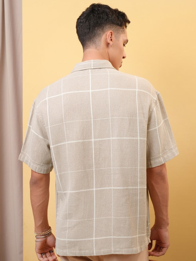Locomotive Premium Men Dobby Textured Checked Cuban Collar Oversized Shirt - Khaki - Image 3