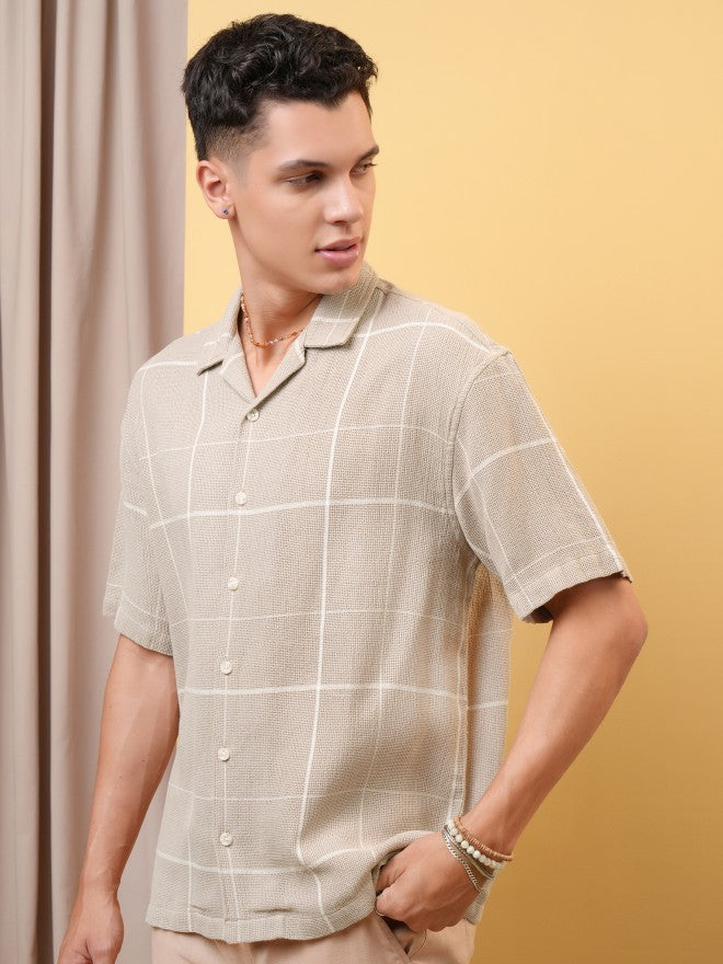 Locomotive Premium Men Dobby Textured Checked Cuban Collar Oversized Shirt - Khaki - Image 4