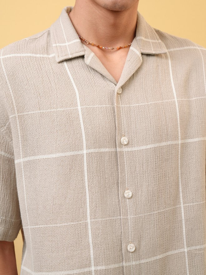 Locomotive Premium Men Dobby Textured Checked Cuban Collar Oversized Shirt - Khaki - Image 5