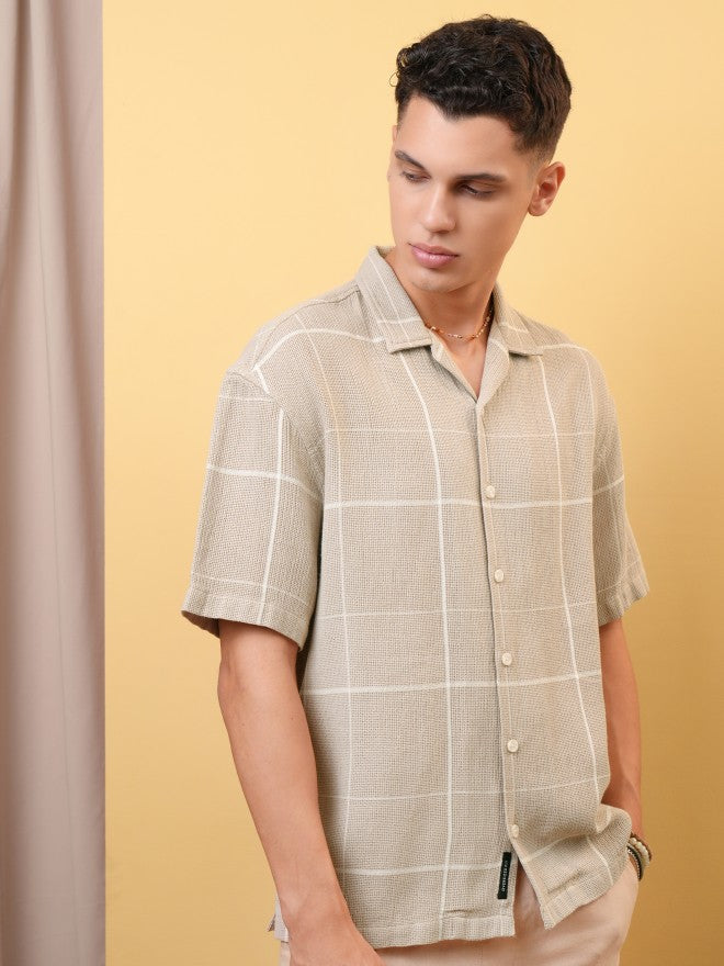 Locomotive Premium Men Dobby Textured Checked Cuban Collar Oversized Shirt - Khaki - Image 6