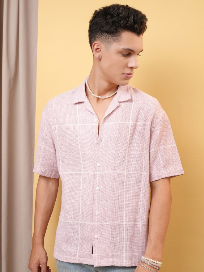 Locomotive Premium Men Dobby Textured Checked Cuban Collar Oversized Shirt - Pink - Image 1