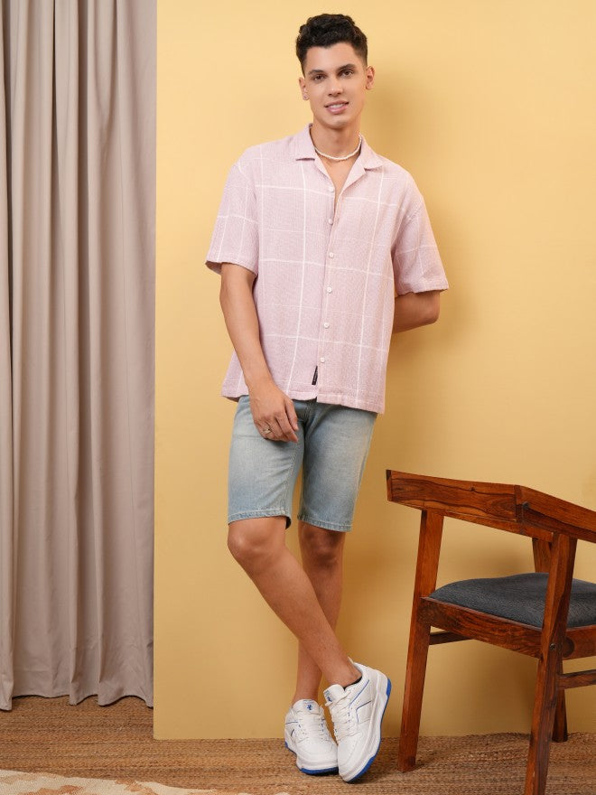 Locomotive Premium Men Dobby Textured Checked Cuban Collar Oversized Shirt - Pink - Image 2