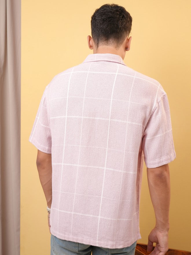 Locomotive Premium Men Dobby Textured Checked Cuban Collar Oversized Shirt - Pink - Image 3