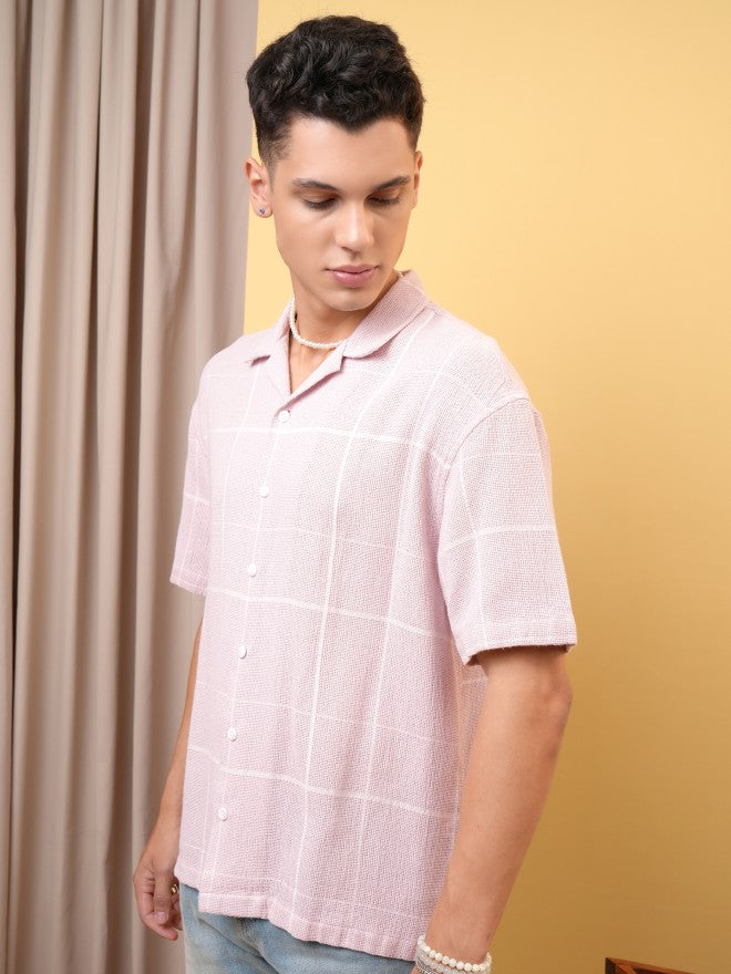 Locomotive Premium Men Dobby Textured Checked Cuban Collar Oversized Shirt - Pink - Image 4