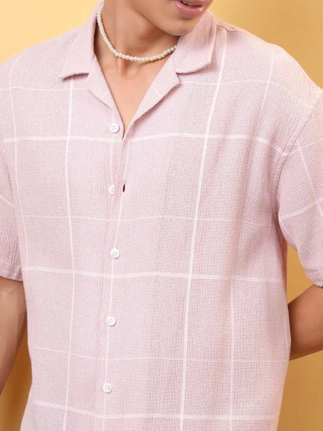 Locomotive Premium Men Dobby Textured Checked Cuban Collar Oversized Shirt - Pink - Image 5