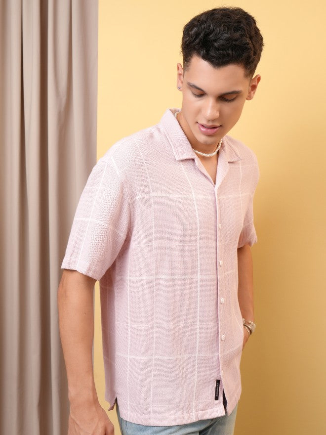Locomotive Premium Men Dobby Textured Checked Cuban Collar Oversized Shirt - Pink - Image 6
