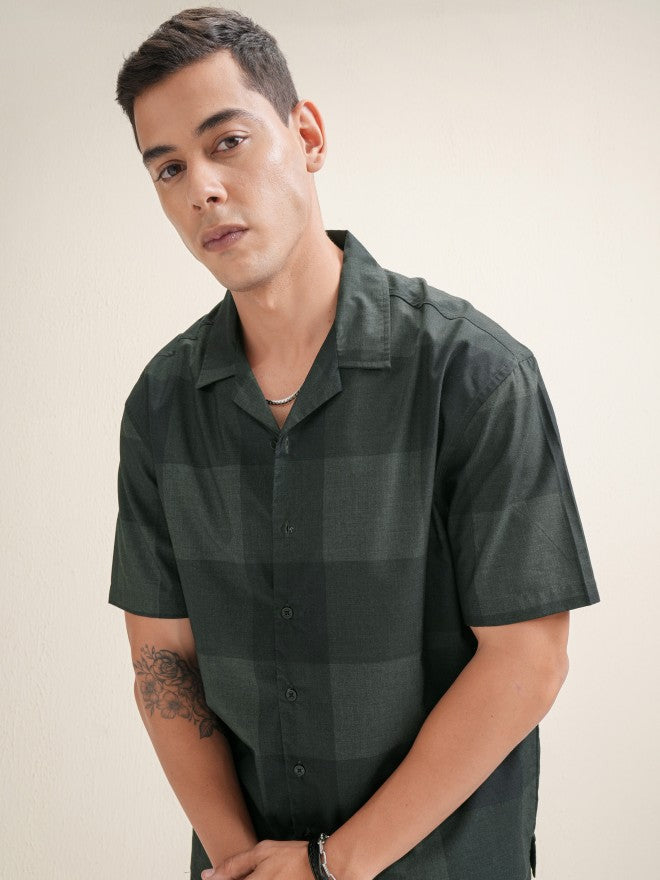 Locomotive Premium Men Green Checked Oversized Fit Casual Shirt - Green - Image 1