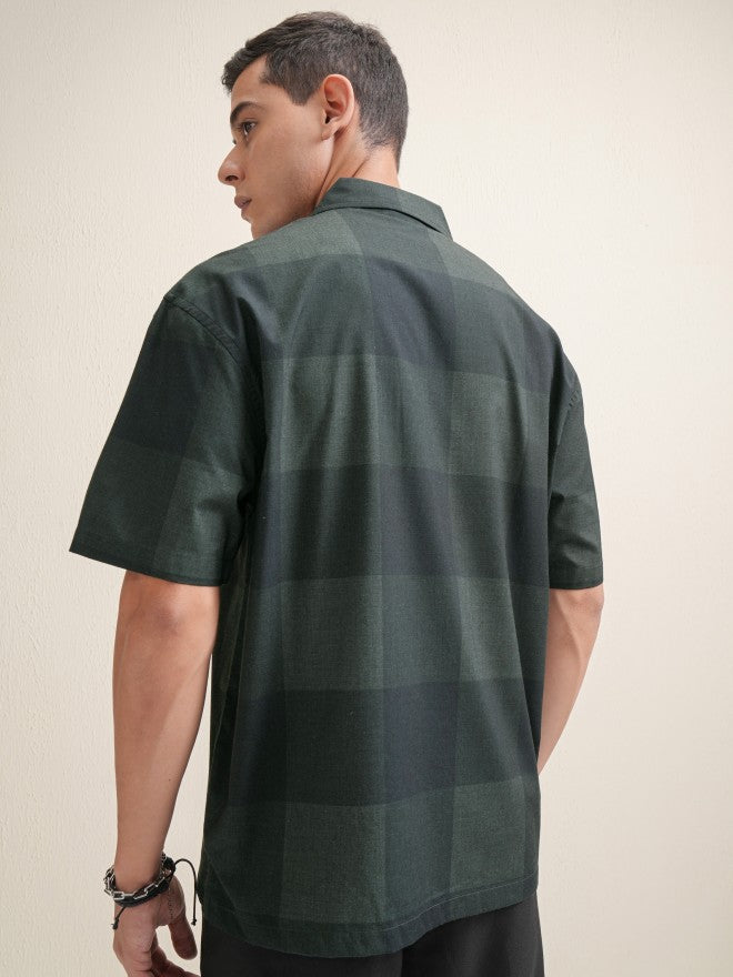 Locomotive Premium Men Green Checked Oversized Fit Casual Shirt - Green - Image 3