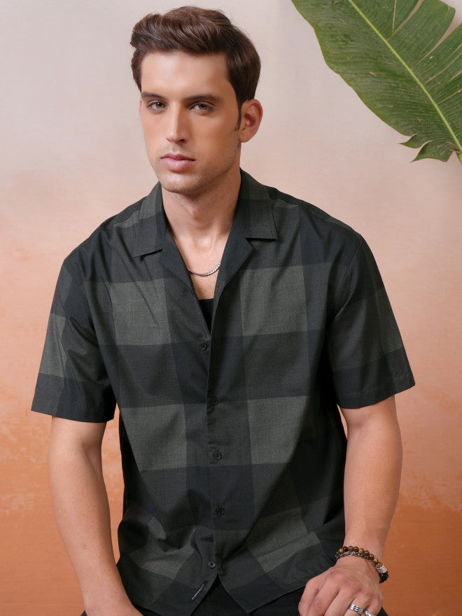Locomotive Premium Men Olive Melange Printed Checked Cuban Collar Oversized Shirt - Olive - Image 1