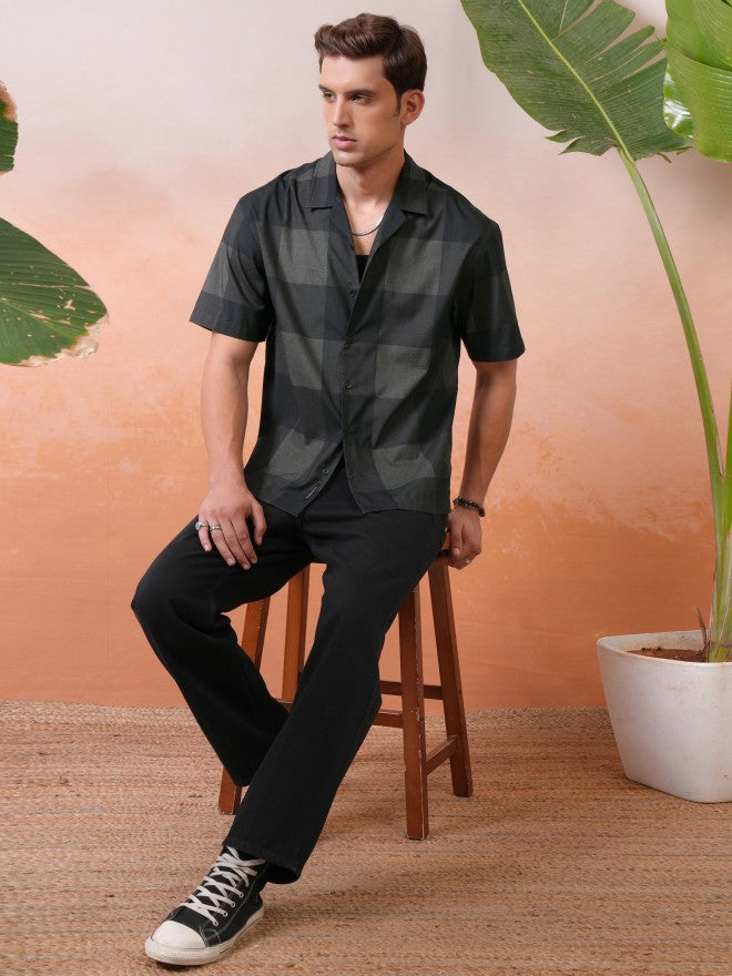 Locomotive Premium Men Olive Melange Printed Checked Cuban Collar Oversized Shirt - Olive - Image 2