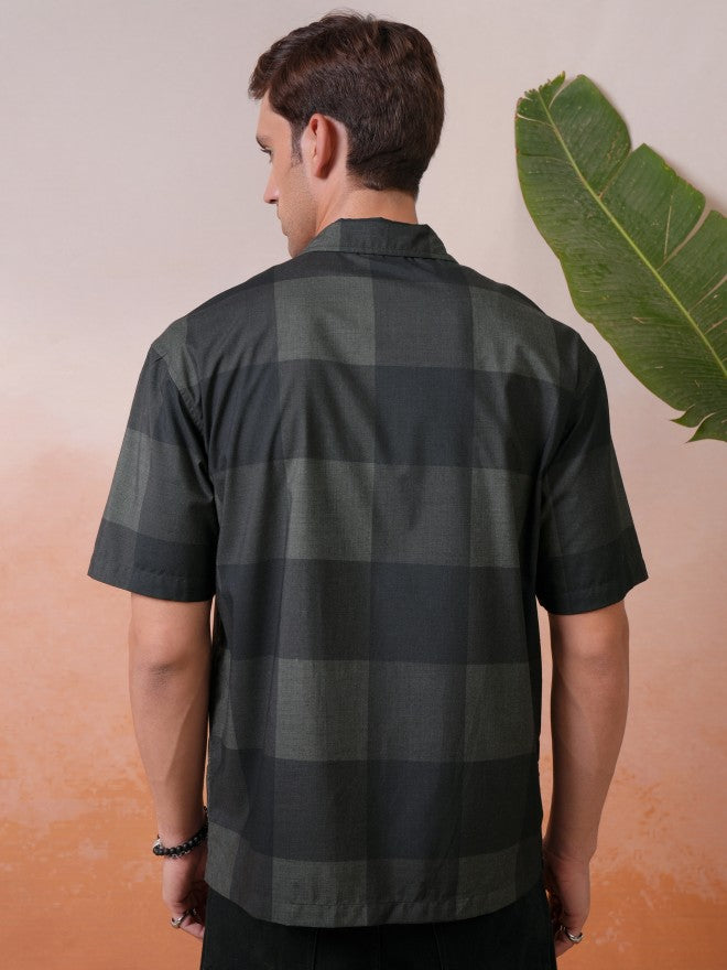 Locomotive Premium Men Olive Melange Printed Checked Cuban Collar Oversized Shirt - Olive - Image 3