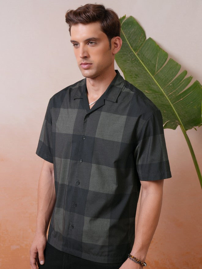 Locomotive Premium Men Olive Melange Printed Checked Cuban Collar Oversized Shirt - Olive - Image 4