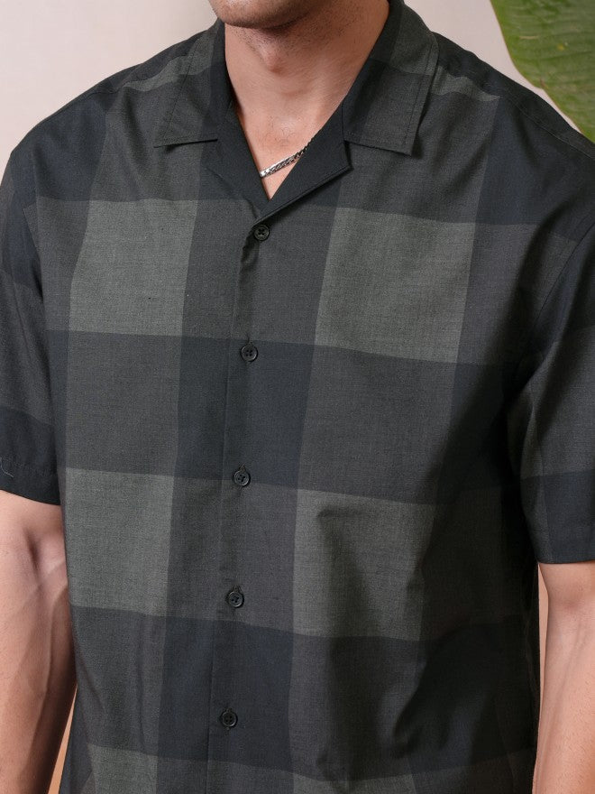 Locomotive Premium Men Olive Melange Printed Checked Cuban Collar Oversized Shirt - Olive - Image 5