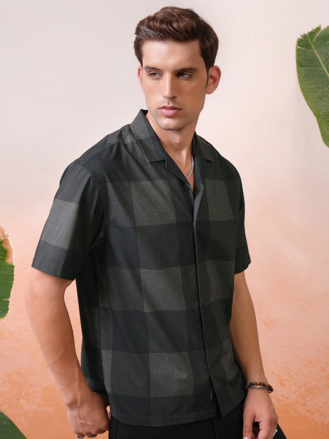 Locomotive Premium Men Olive Melange Printed Checked Cuban Collar Oversized Shirt - Olive - Image 6