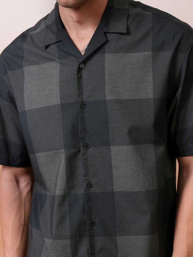 Locomotive Premium Men Olive Melange Printed Checked Cuban Collar Oversized Shirt - Olive - Image 7