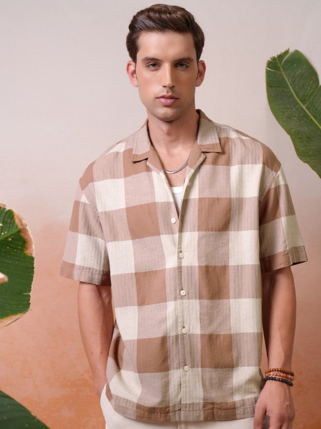 Locomotive Premium Men Rust Dobby Textured Cuban Collar Oversized Shirt - Rust - Image 1