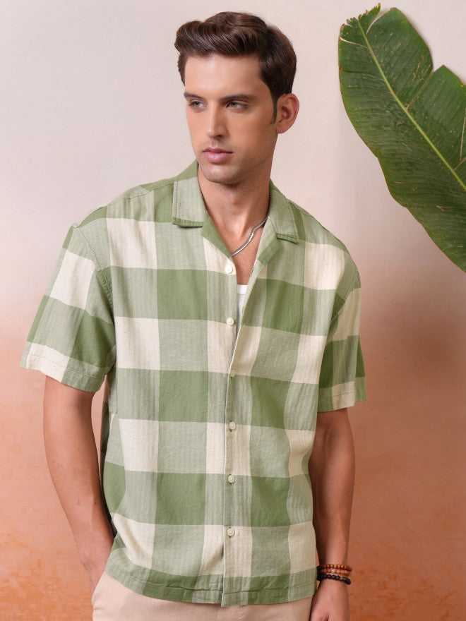 Locomotive Premium Men Olive Dobby Textured Cuban Collar Oversized Shirt - Olive - Image 1