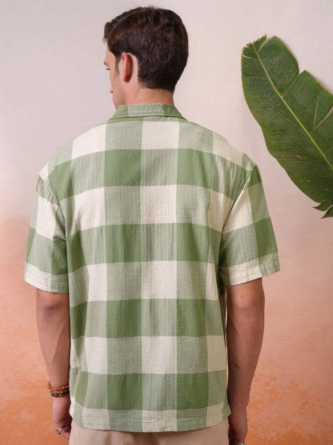 Locomotive Premium Men Olive Dobby Textured Cuban Collar Oversized Shirt - Olive - Image 3