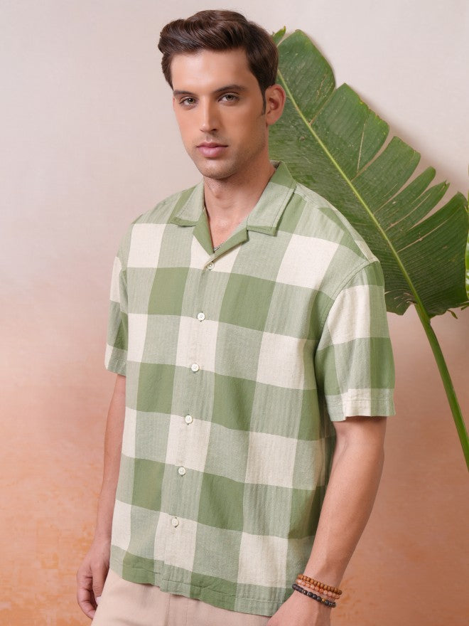 Locomotive Premium Men Olive Dobby Textured Cuban Collar Oversized Shirt - Olive - Image 4