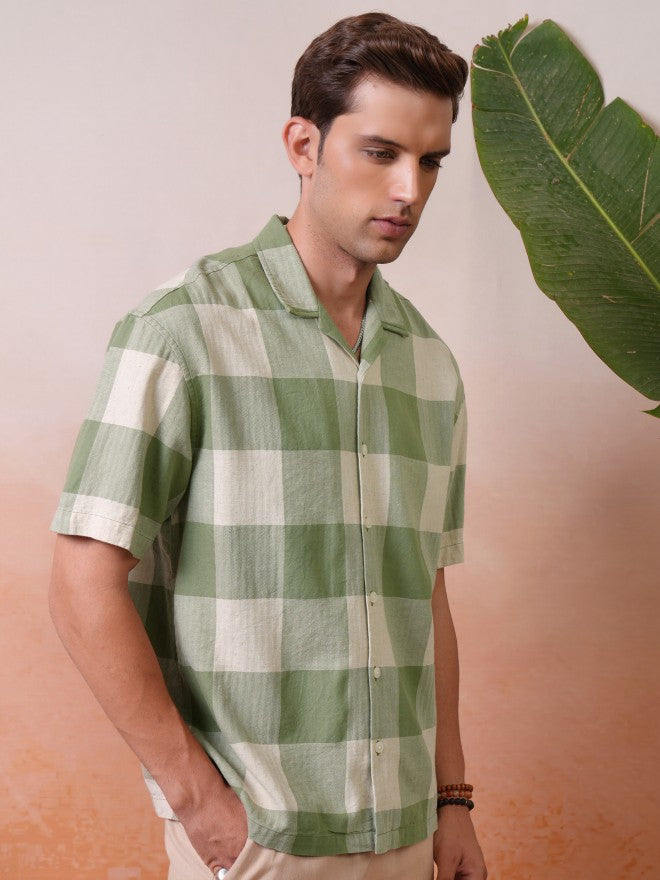 Locomotive Premium Men Olive Dobby Textured Cuban Collar Oversized Shirt - Olive - Image 6