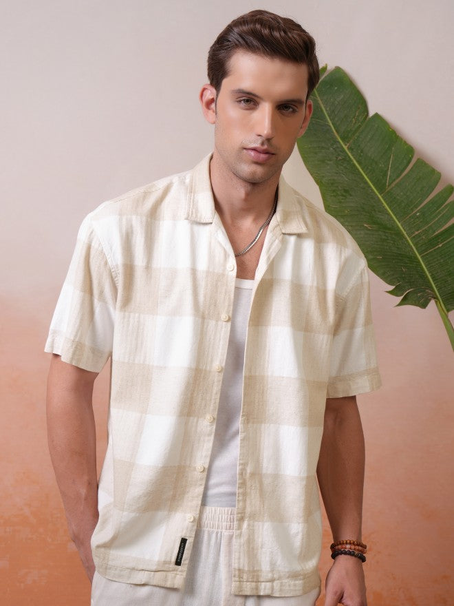 Locomotive Premium Men White Dobby Textured Cuban Collar Oversized Shirt - White - Image 1