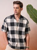 Locomotive Premium Men Black Dobby Textured Cuban Collar Oversized Shirt - Black - Image 1