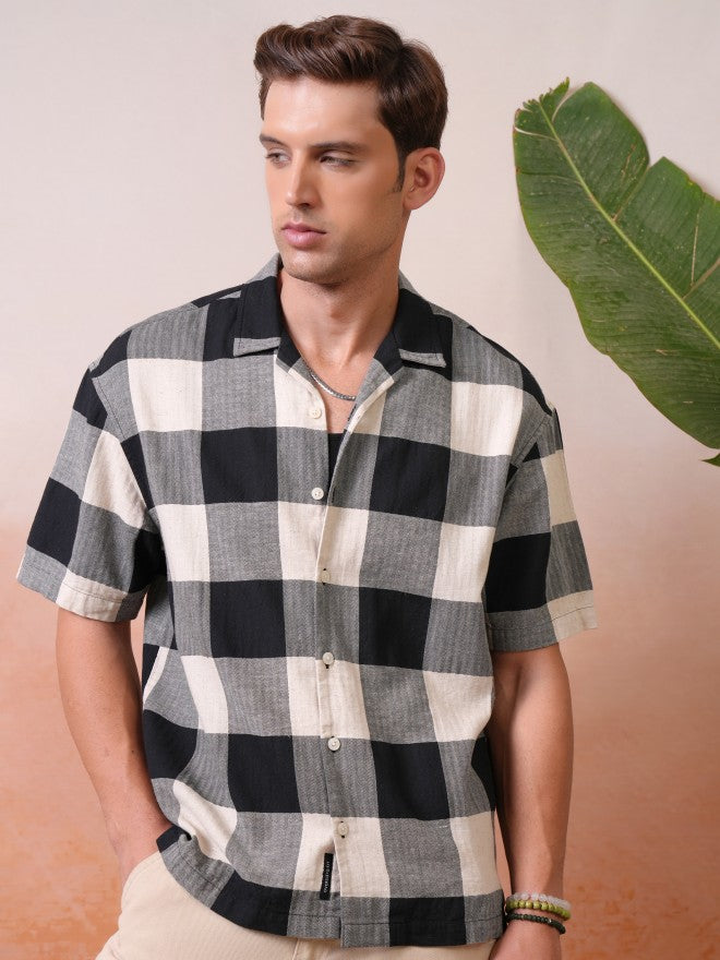 Locomotive Premium Men Black Dobby Textured Cuban Collar Oversized Shirt - Black - Image 1
