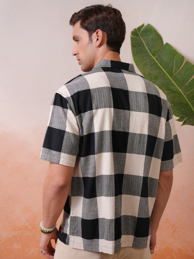 Locomotive Premium Men Black Dobby Textured Cuban Collar Oversized Shirt - Black - Image 3