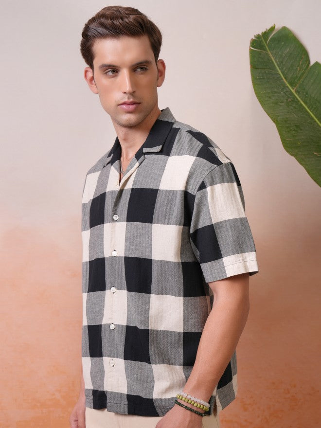 Locomotive Premium Men Black Dobby Textured Cuban Collar Oversized Shirt - Black - Image 4
