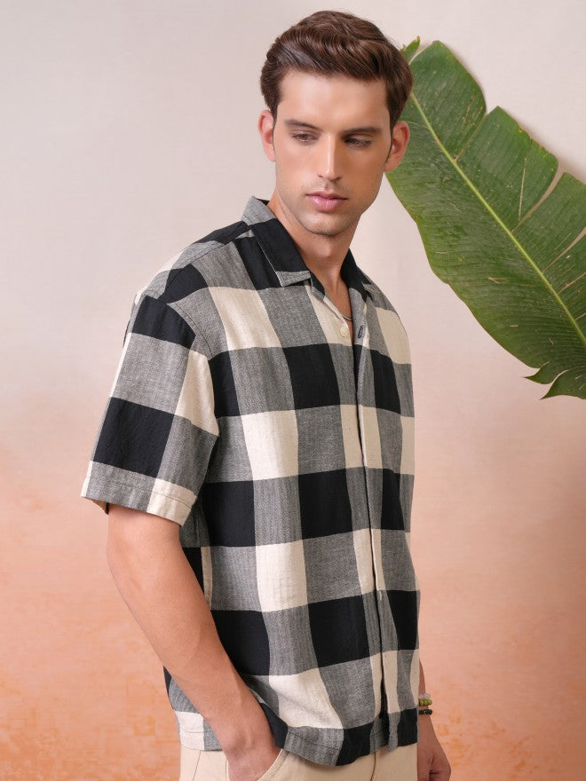 Locomotive Premium Men Black Dobby Textured Cuban Collar Oversized Shirt - Black - Image 6