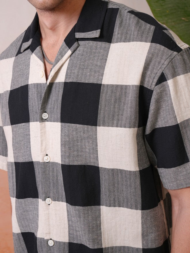Locomotive Premium Men Black Dobby Textured Cuban Collar Oversized Shirt - Black - Image 7