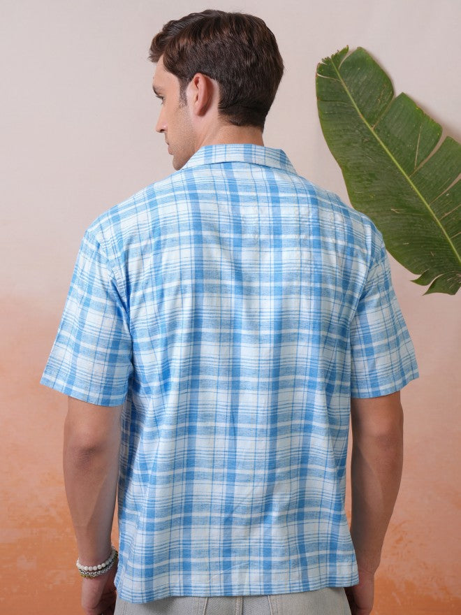 Locomotive Premium Men Blue Checked Cuban Collar Oversized Shirt - Blue - Image 3