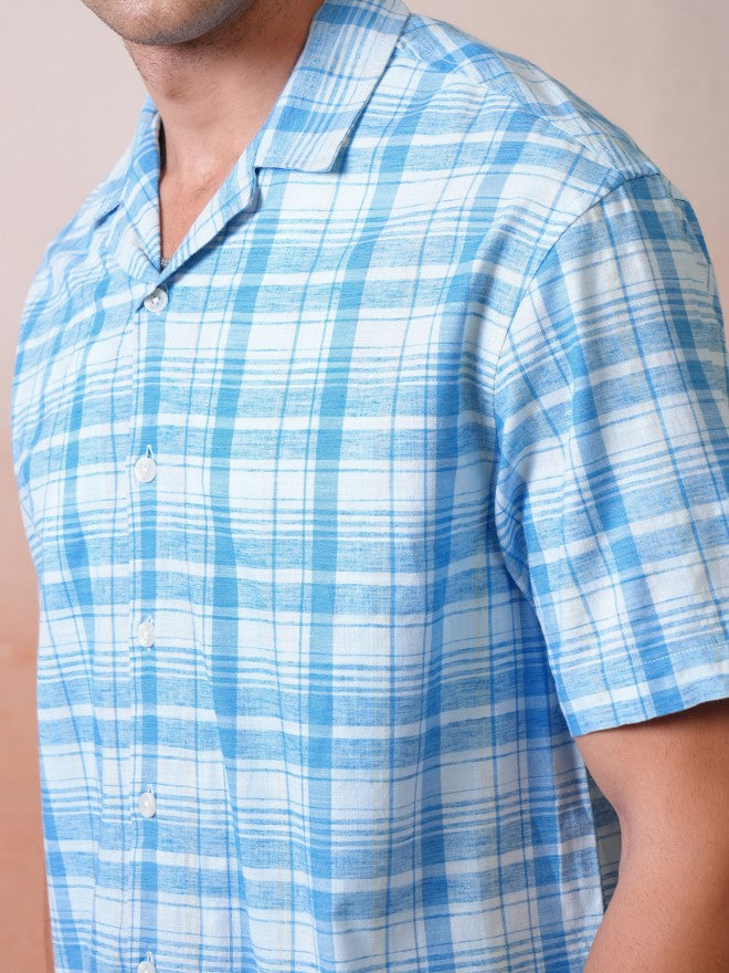 Locomotive Premium Men Blue Checked Cuban Collar Oversized Shirt - Blue - Image 5