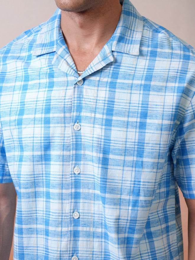 Locomotive Premium Men Blue Checked Cuban Collar Oversized Shirt - Blue - Image 7